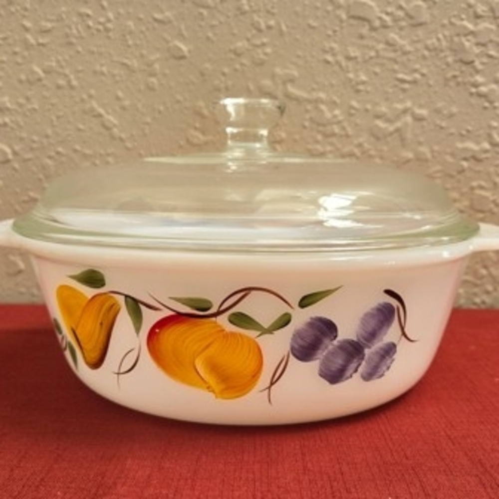 Glass Lid White Casserole Dish with Fruit Design